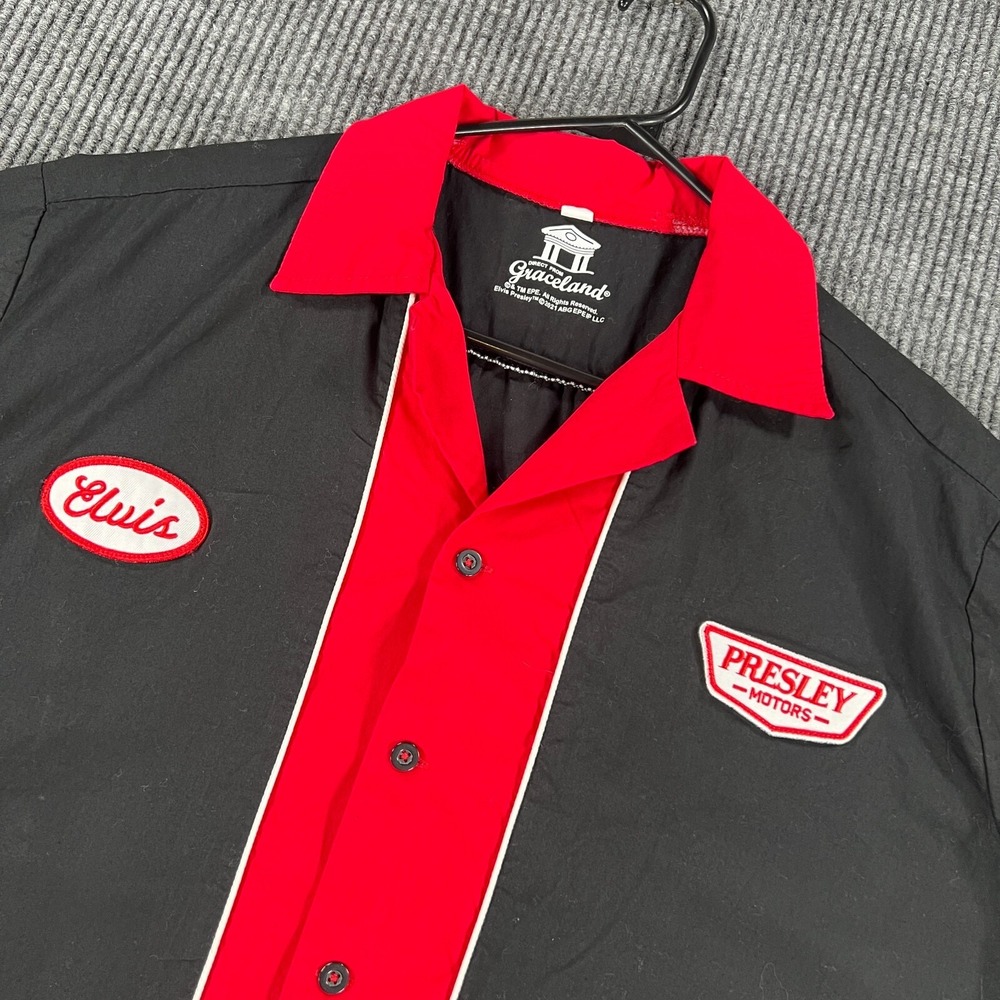 Elvis Presely Motors Graceland Mechanics Shirt Mens Medium Black Button Up